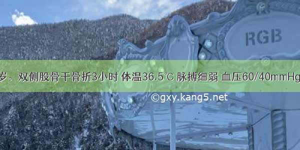 患者男 38岁。双侧股骨干骨折3小时 体温36.5℃ 脉搏细弱 血压60/40mmHg 四肢冰冷