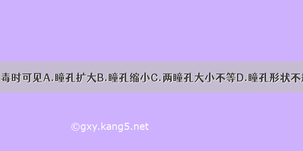 有机磷农药中毒时可见A.瞳孔扩大B.瞳孔缩小C.两瞳孔大小不等D.瞳孔形状不规则E.瞳孔呈