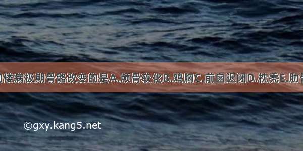 哪项不属于佝偻病极期骨骼改变的是A.颅骨软化B.鸡胸C.前囟迟闭D.枕秃E.肋骨串珠ABCDE