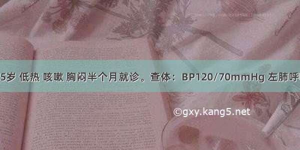 患者 男 25岁 低热 咳嗽 胸闷半个月就诊。查体：BP120/70mmHg 左肺呼吸音减弱 