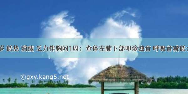 男性 25岁 低热 消瘦 乏力伴胸闷1周；查体左肺下部叩诊浊音 呼吸音减低；胸片示