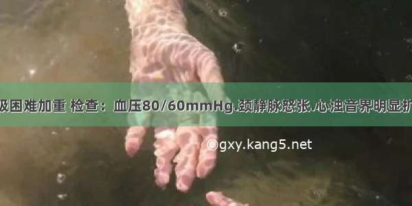 患者突感呼吸困难加重 检查：血压80/60mmHg.颈静脉怒张.心浊音界明显扩大 心音低而