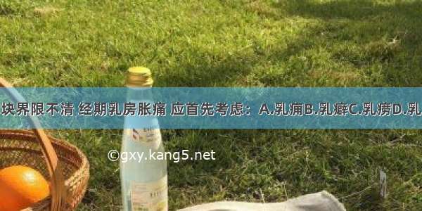 中年妇女乳房肿块界限不清 经期乳房胀痛 应首先考虑：A.乳痈B.乳癖C.乳痨D.乳癌E.乳疬ABCDE