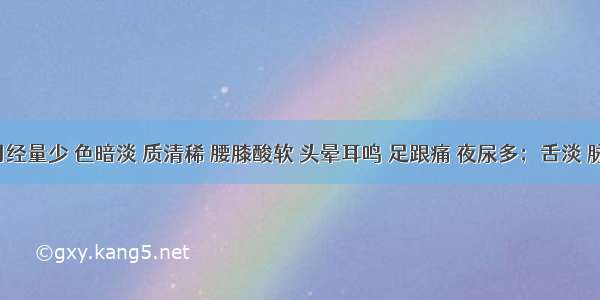 患者月经量少 色暗淡 质清稀 腰膝酸软 头晕耳鸣 足跟痛 夜尿多；舌淡 脉沉弱。