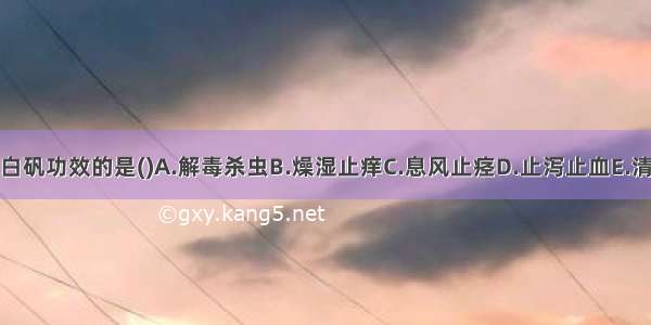 下列各项 不属白矾功效的是()A.解毒杀虫B.燥湿止痒C.息风止痉D.止泻止血E.清热消痰ABCDE