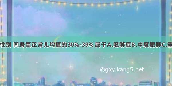 体重超过同性别 同身高正常儿均值的30%-39% 属于A.肥胖症B.中度肥胖C.重度肥胖D.轻