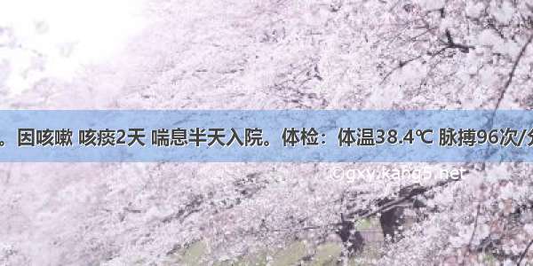 患儿 2岁。因咳嗽 咳痰2天 喘息半天入院。体检：体温38.4℃ 脉搏96次/分 呼吸45