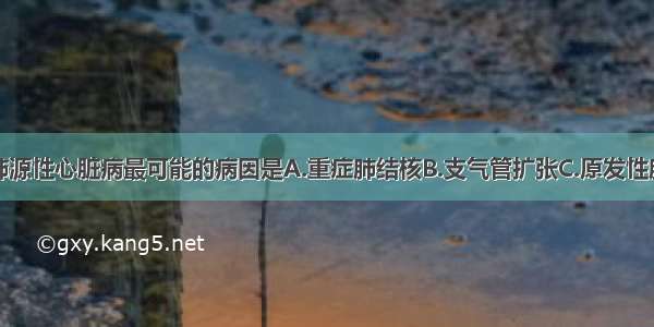 该患者出现肺源性心脏病最可能的病因是A.重症肺结核B.支气管扩张C.原发性肺动脉高压D.