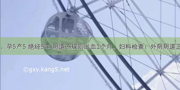 女性 55岁。孕5产5 绝经5年 阴道不规则出血1个月。妇科检查：外阴阴道正常 宫颈肥