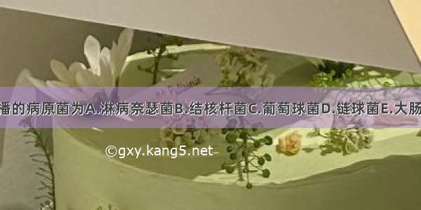 经血液循环传播的病原菌为A.淋病奈瑟菌B.结核杆菌C.葡萄球菌D.链球菌E.大肠埃希菌ABCDE