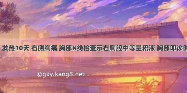 女 24岁。发热10天 右侧胸痛 胸部X线检查示右胸腔中等量积液 胸部叩诊时除积液区