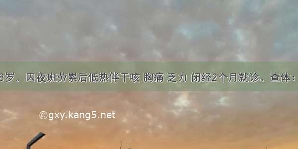 患者女 28岁。因夜班劳累后低热伴干咳 胸痛 乏力 闭经2个月就诊。查体：T37.8℃ 