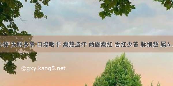 心烦 心悸 失眠多梦 口燥咽干 潮热盗汗 两颧潮红 舌红少苔 脉细数 属A.心阴虚