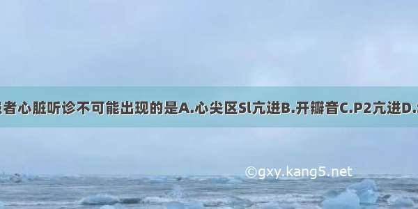 二尖瓣狭窄患者心脏听诊不可能出现的是A.心尖区Sl亢进B.开瓣音C.P2亢进D.S2固定分裂E.