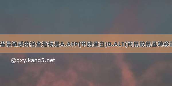 下列反映肝损害最敏感的检查指标是A.AFP(甲胎蛋白)B.ALT(丙氨酸氨基转移酶)C.AST(天门