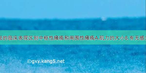 根据哪些方面的临床表现区别中枢性瘫痪和周围性瘫痪A.肌力的大小B.有无感觉障碍C.有无