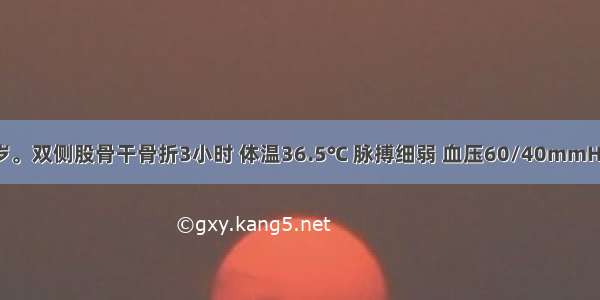 患者男 38岁。双侧股骨干骨折3小时 体温36.5℃ 脉搏细弱 血压60/40mmHg 四肢冰冷