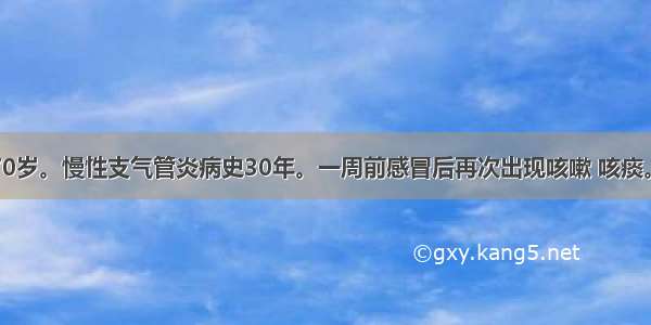 患者女性 70岁。慢性支气管炎病史30年。一周前感冒后再次出现咳嗽 咳痰。痰白质黏 