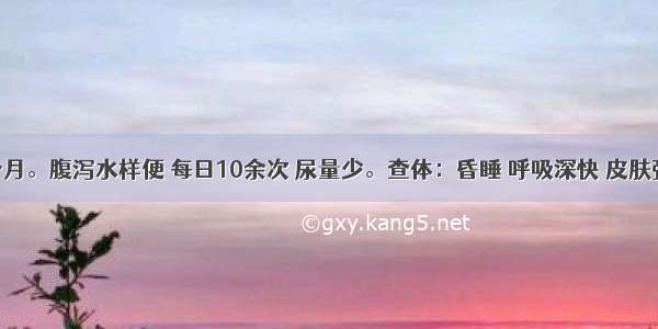 患儿 5个月。腹泻水样便 每日10余次 尿量少。查体：昏睡 呼吸深快 皮肤弹性极差