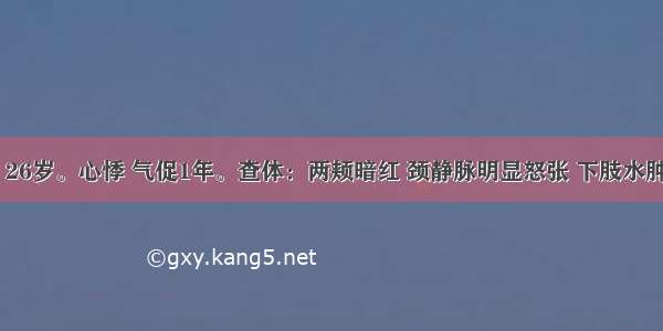 患者 男 26岁。心悸 气促1年。查体：两颊暗红 颈静脉明显怒张 下肢水肿 心浊音