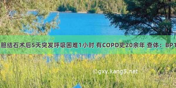 患者勇 64岁。胆结石术后5天突发呼吸困难1小时 有COPD史20余年 查体：BP110/80mmHg