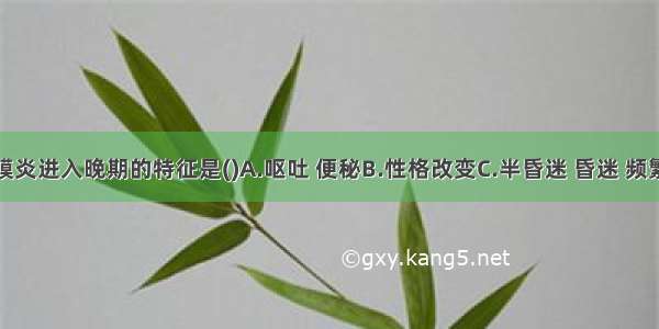 结核性脑膜炎进入晚期的特征是()A.呕吐 便秘B.性格改变C.半昏迷 昏迷 频繁惊厥D.脑