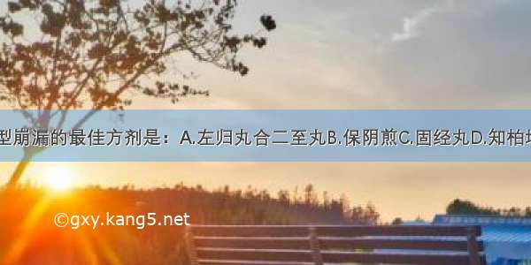 治疗肾阴虚型崩漏的最佳方剂是：A.左归丸合二至丸B.保阴煎C.固经丸D.知柏地黄丸E.清热