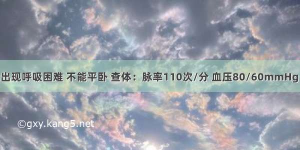 入院后患者出现呼吸困难 不能平卧 查体：脉率110次/分 血压80/60mmHg 双肺底水泡