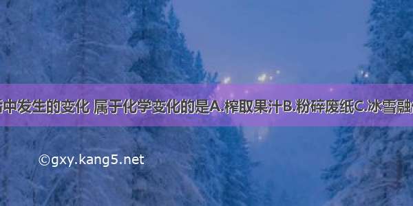 下列日常生活中发生的变化 属于化学变化的是A.榨取果汁B.粉碎废纸C.冰雪融化D.燃放烟花