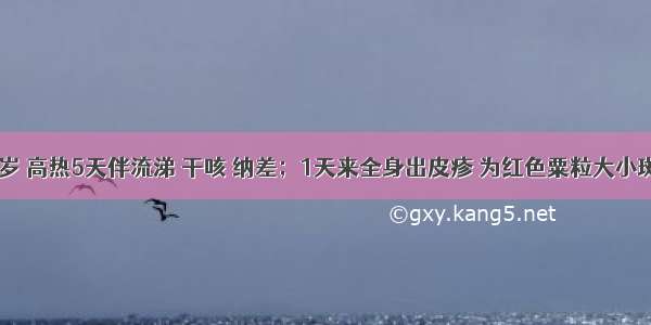 患儿1．5岁 高热5天伴流涕 干咳 纳差；1天来全身出皮疹 为红色粟粒大小斑丘疹 疹