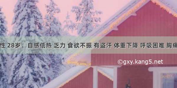 患者男性 28岁。自感低热 乏力 食欲不振 有盗汗 体重下降 呼吸困难 胸痛等表现