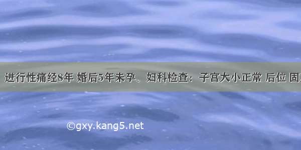 女 30岁。进行性痛经8年 婚后5年未孕。妇科检查：子宫大小正常 后位 固定 盆底可