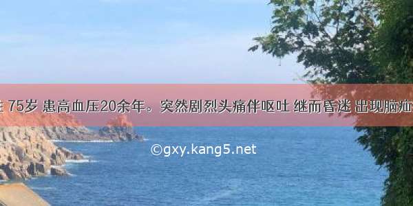 患者 男性 75岁 患高血压20余年。突然剧烈头痛伴呕吐 继而昏迷 出现脑疝症状。在