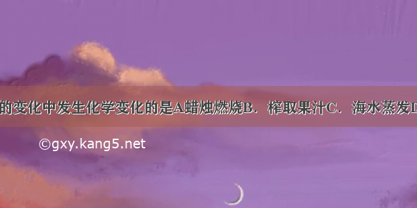 生活中常见的变化中发生化学变化的是A蜡烛燃烧B．榨取果汁C．海水蒸发D．冰雕熔化