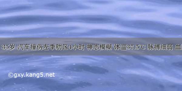 患者 男 35岁 汽车撞伤左季肋区4小时 神志模糊 体温37.5℃ 脉搏细弱 血压60/40